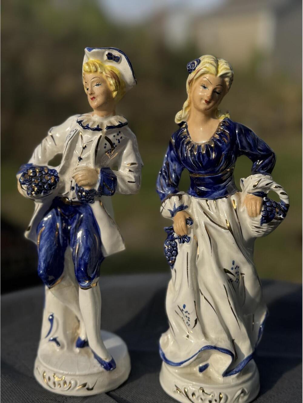 VIntage Antique Pair of Hand-Painted Ceramic Colonial Figurines Blue and White